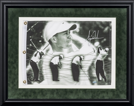 Tiger Woods Signed Custom Pin Flag In 29x23 Framed Display (UDA)
